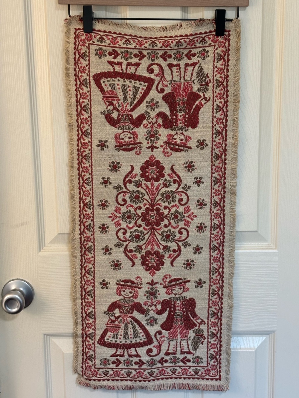 Vintage Austrian Folk Art Jacquard Wall Hanging Tapestry Cotton Linen Red Cream